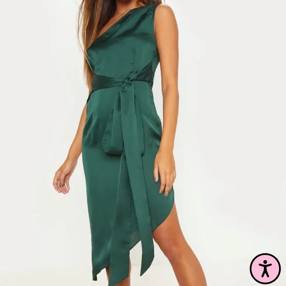 slim fit dress slacks Green Satin Asymmetrical Flounce Trim Maternity Midi Dress Small - Pinkblush